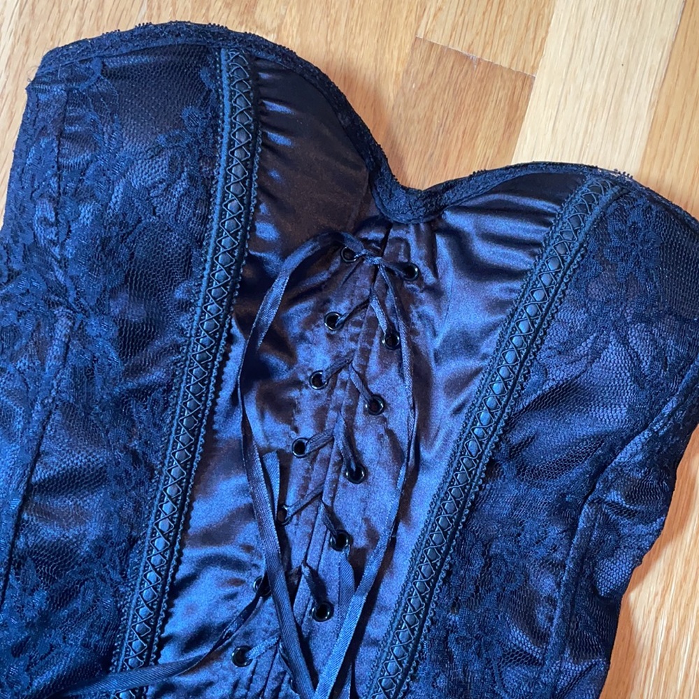 Charlotte Russe Black Lace Up Front Corset with Lace Details and Light Boning